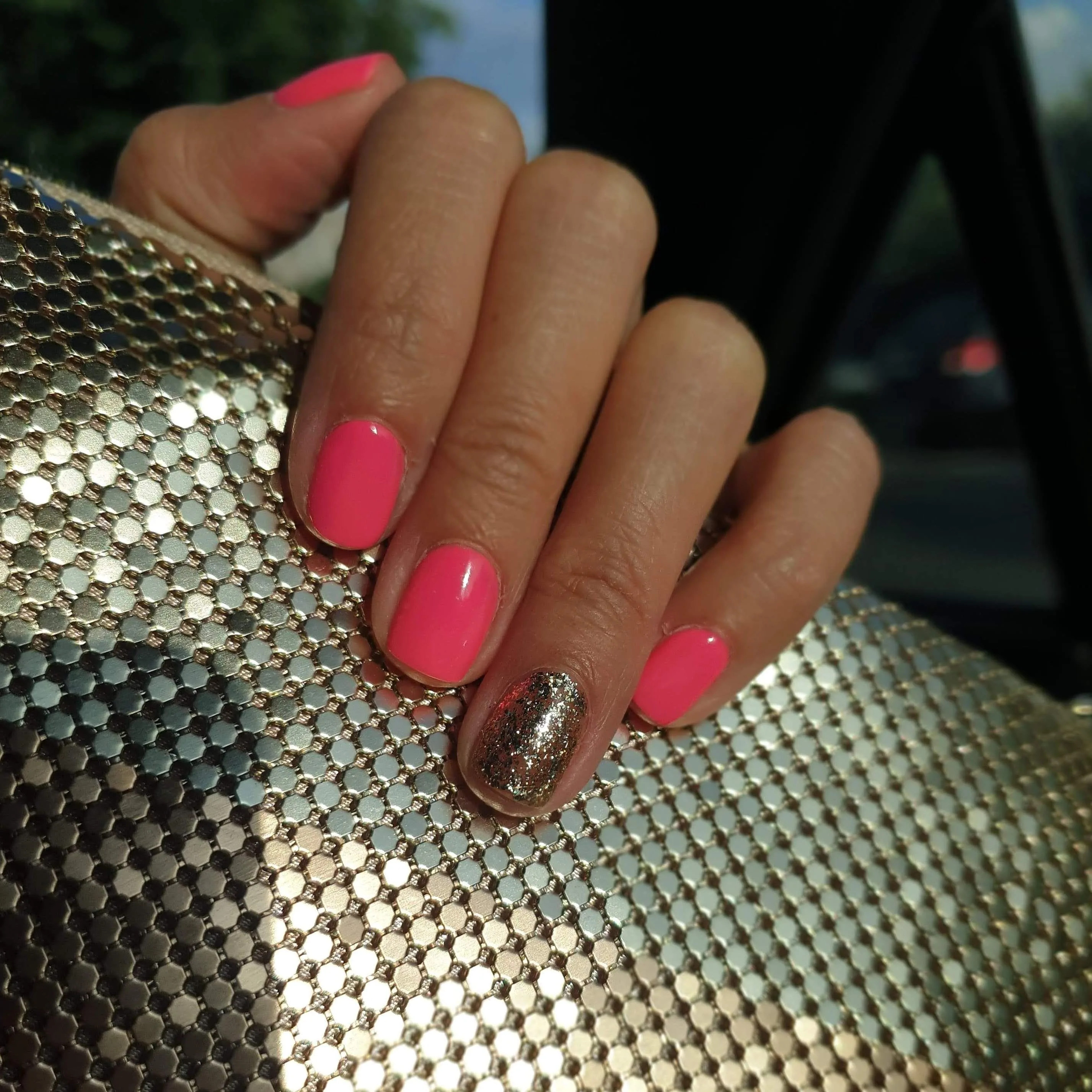 Nude almond nails with gold glitter cuticle ombre and gold stud dots